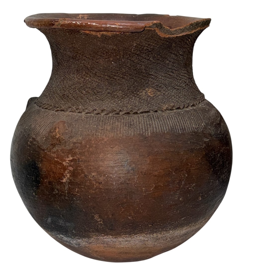 Early African Clay Water Vessel: 10" H x 8" overall diameter.