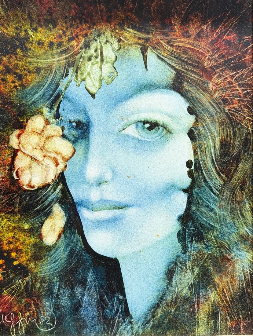 MIKLOS FARAGO (Hungarian, b. 1947) Portrait Oil Painting: Oil painting on board. Dated 1982. COA attached to back. Measures 15" H x 13" W in frame.