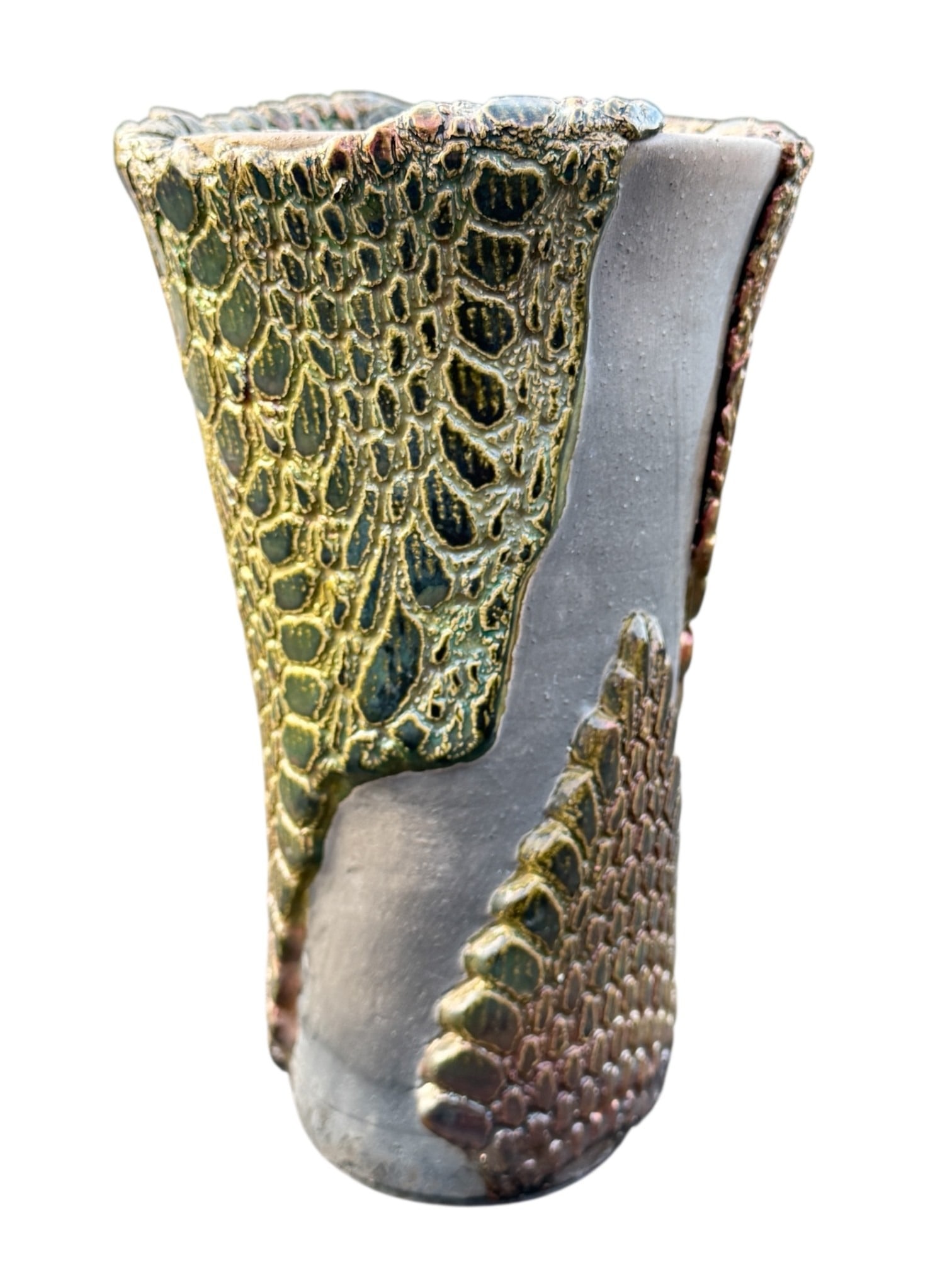 Iridescent Snake Skin Glass Pottery Vase: Measures 9.5 "H x 5.5" diameter.