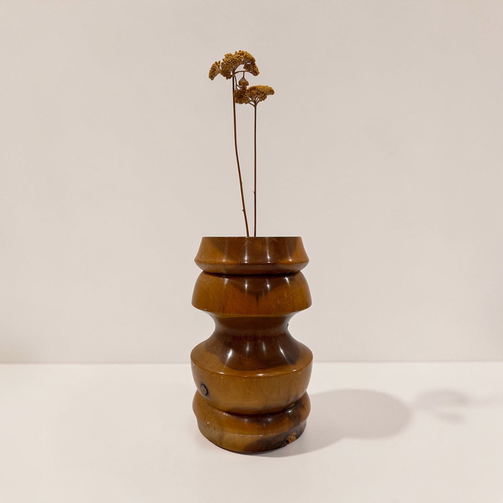 Modernist Turned Wood Bud Vase: Measures 10.5" H x 7" overall diameter.