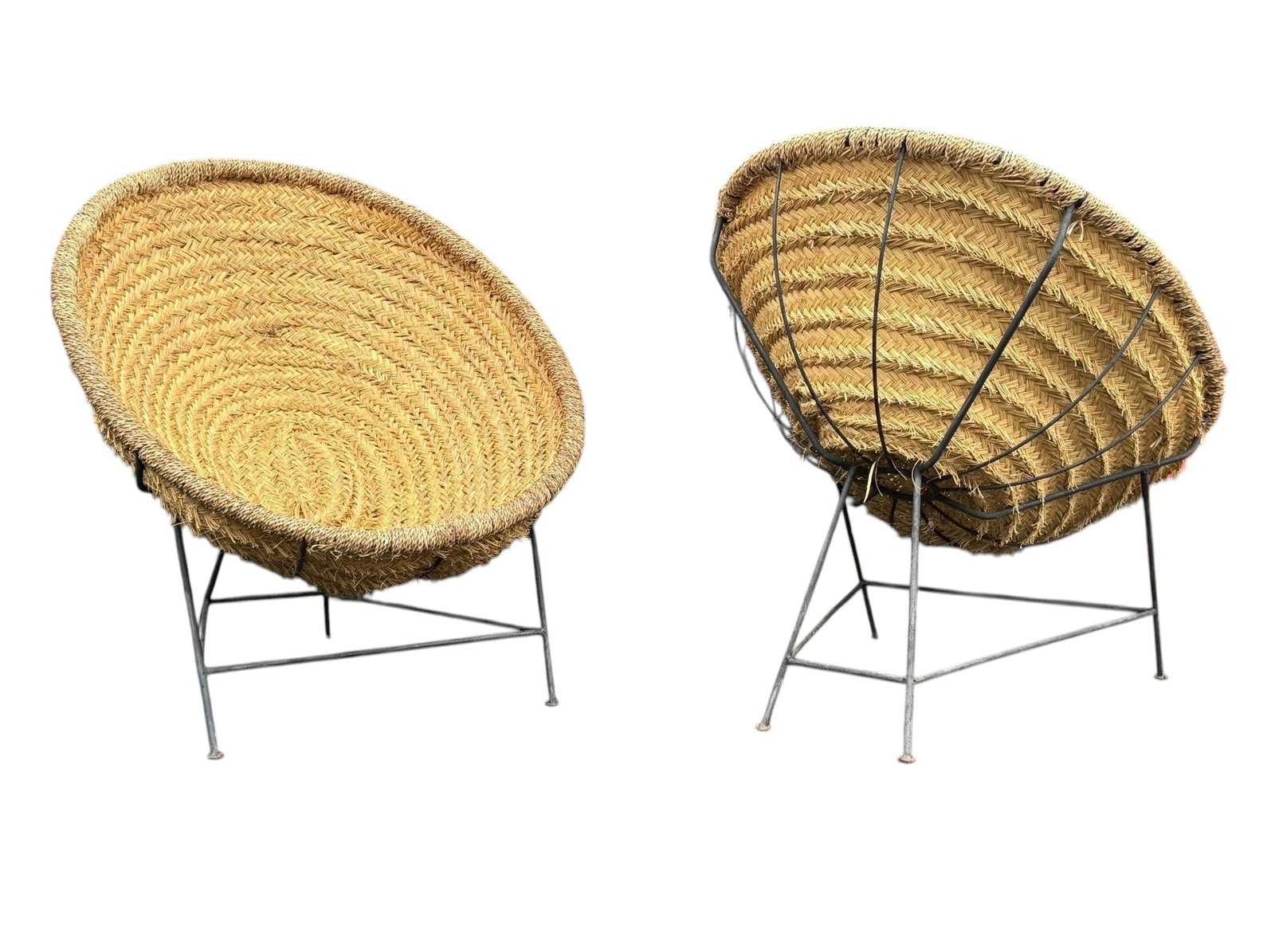 Mid Century Seagrass Chairs Pr.: Wrought iron frame with Seagrass seat and back. 34" H to back x 13" H to seat x 30" W x 32" D.