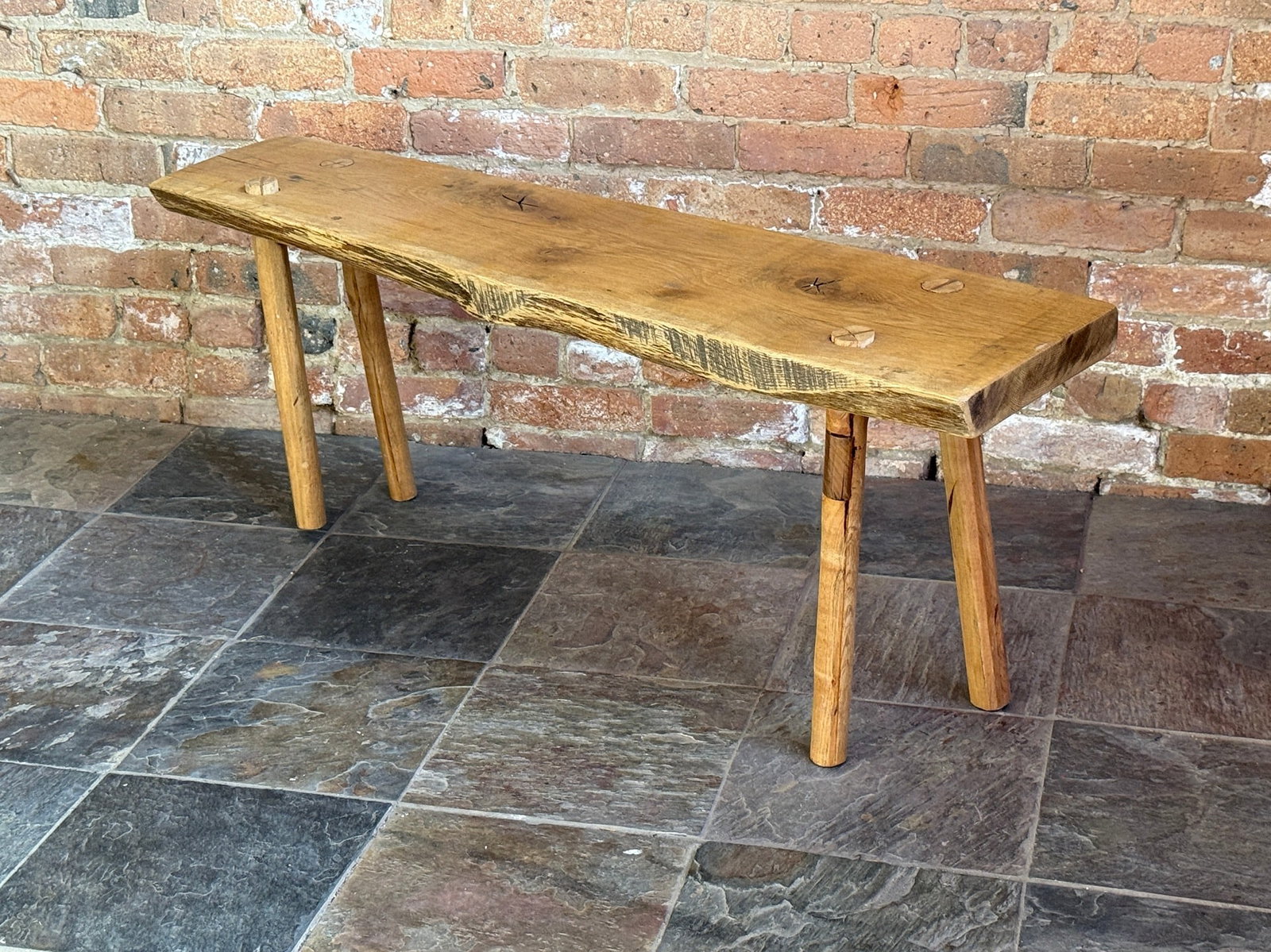 Rustic Mid Century Live Edge Bench: Excellent and unique hand dowel legs. 17.5" H x 46" W x 11" D.