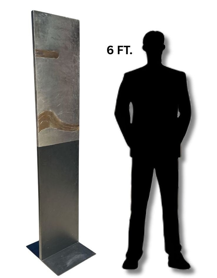 Large Brutalist I-Beam Sculpture, Signed R.B.: 83" H X 18.25" W x 21" D.