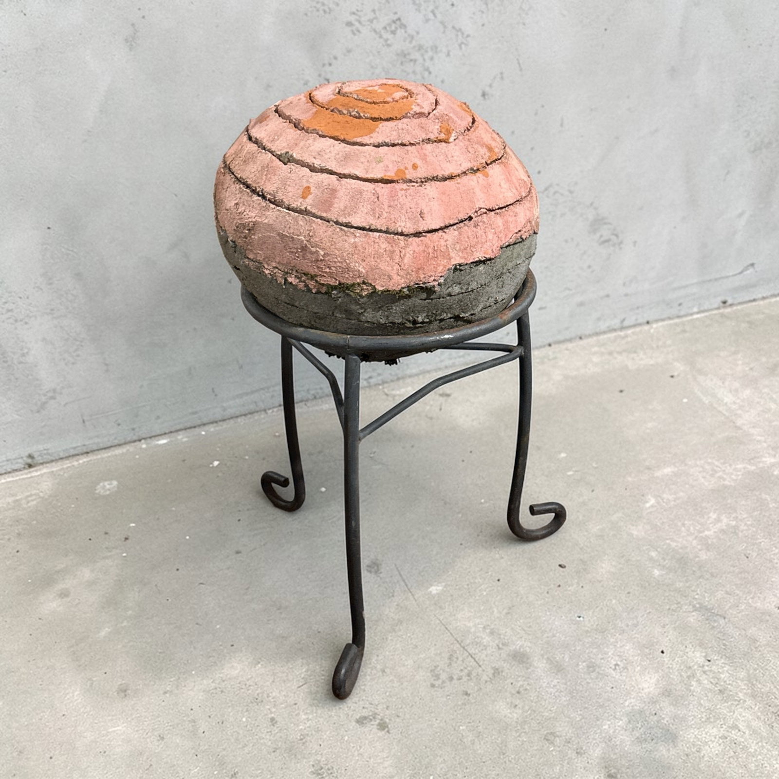 Abstract Concrete & Wrought Metal Psychedelic Garden Sculpture: Wrought metal base & concrete. 20" H x 12" diameter.