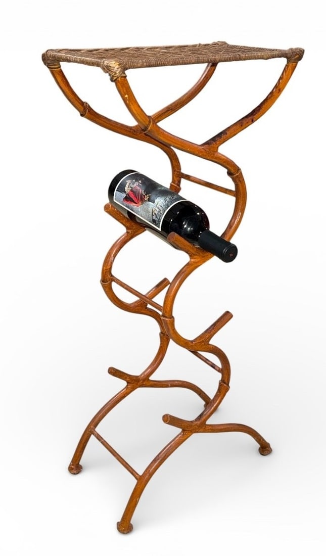 Sculpted Bamboo Wine Rack Accent Table: Faux bamboo, base is metal. 31" H x 14" W x 8" D.