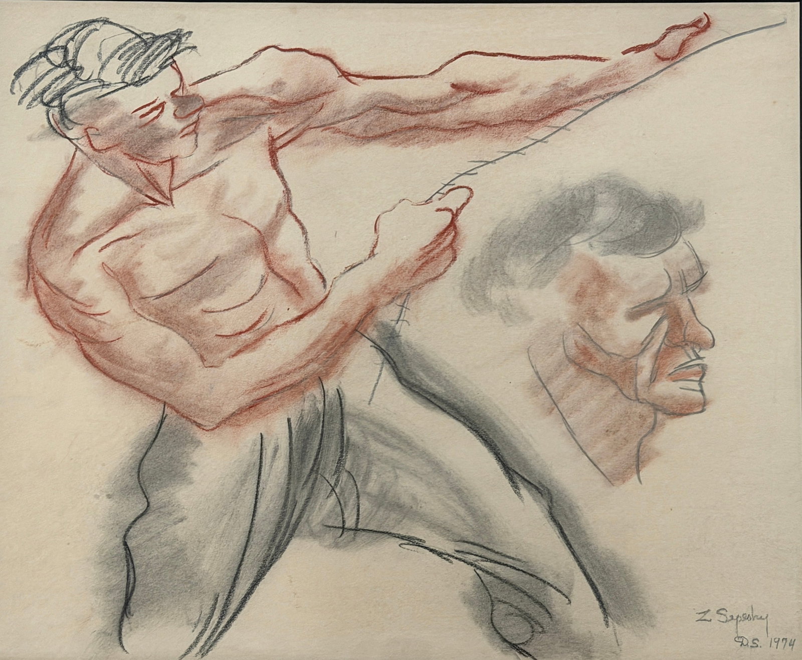 ZOLTAN SEPESHY (Hungarian/American 1898-1974) "Man With Rope" Conte Drawing: Conte crayon on paper, signed in the lower right and inscribed to the original owners by the artist en verso. Measures 15.5" x 18.25" x 1" D. Zoltan Sepeshy (1898-1974) was a Hungarian-American