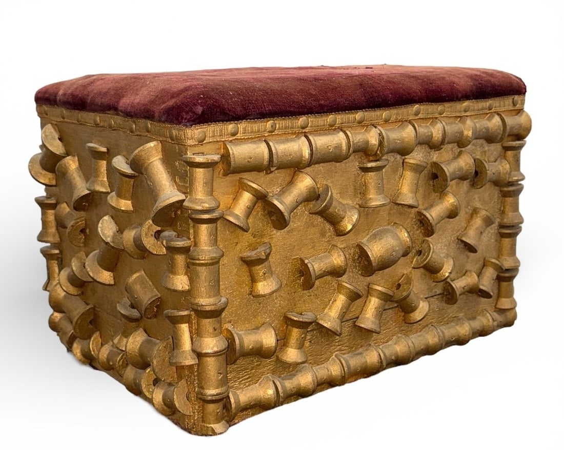 Tramp Art Spool Stool, Folk Art: Measures 10" H x 15" W x 11" D.