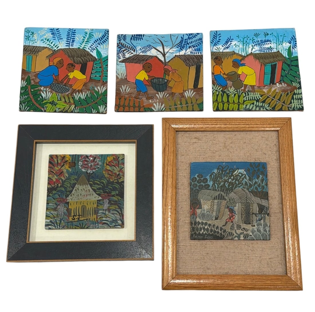 Collection of Petite Haitian Paintings: All are on board. The largest measures 9.25" H x 7" W in the frame, the pieces themselves are between 4" x 4" and 5.25" x 5.25".