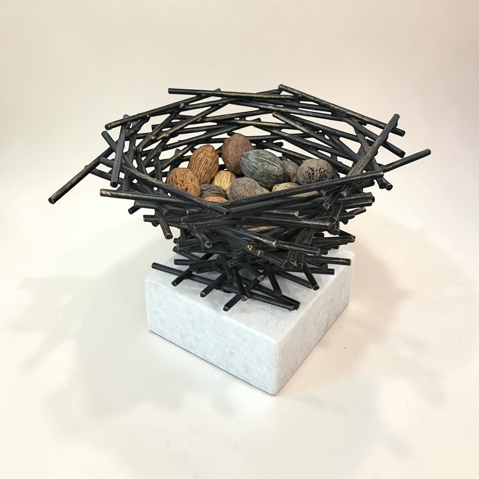 Modernist Iron and Marble Birds Nest Sculpture: Measures 7.25"H x 10.5" W x 9.5" D.