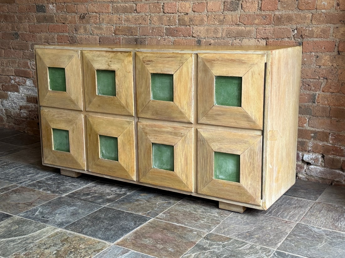 Mid Century KARPEN OF CALIFORNIA Chest of Drawers: Measures 31.25" H x 58" W x 19.25" D. Does not retain label or tile design denotation as this was likely sold as a set. Mountain Mist green ceramic tile inlay.