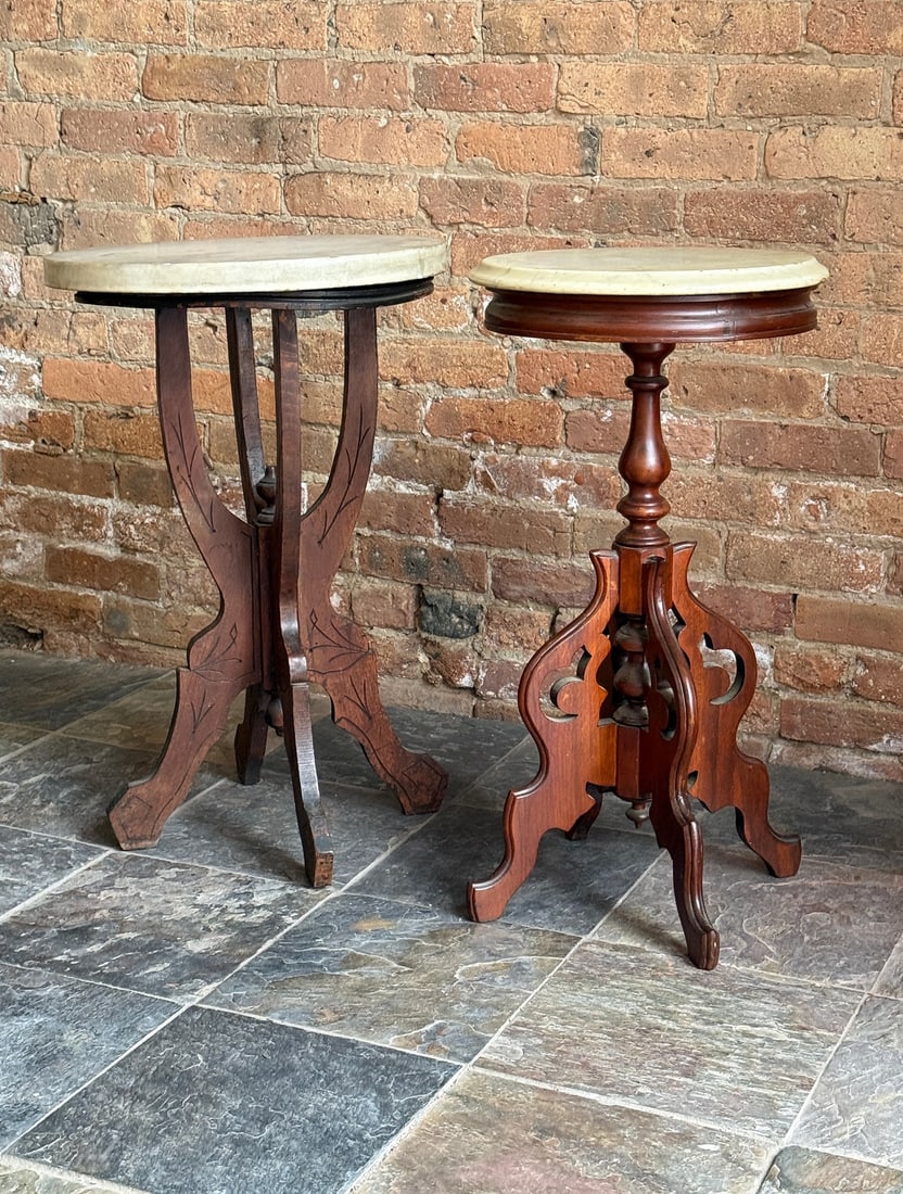 Antique Victorian Marble Top Candle Stands: Left table measures 28.25" H x 17.75" Diameter. Right table measures 28" H x 14.5" Diameter.