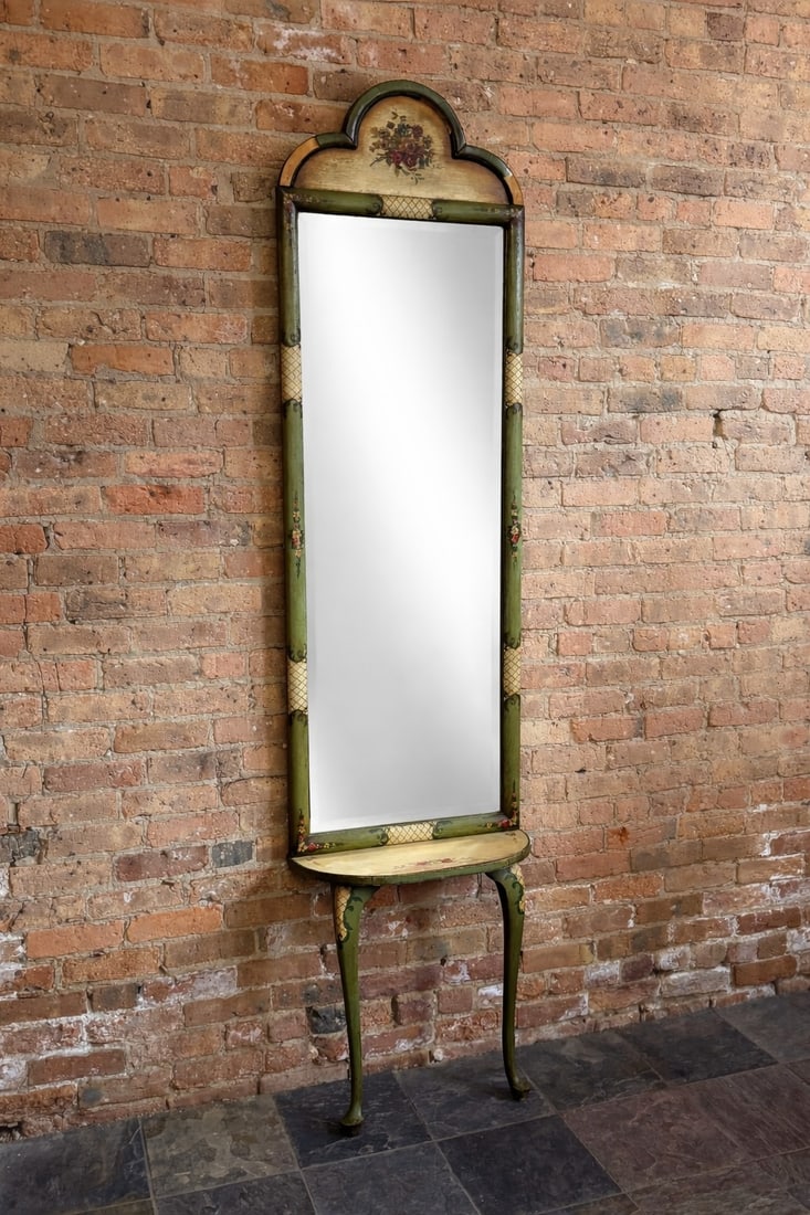 French Style Entryway Mirror and Console Table: Table measures 23" H x 23" W x 10.5" D. Mirror measures 68.75" H x 23" W x 1.5" D.