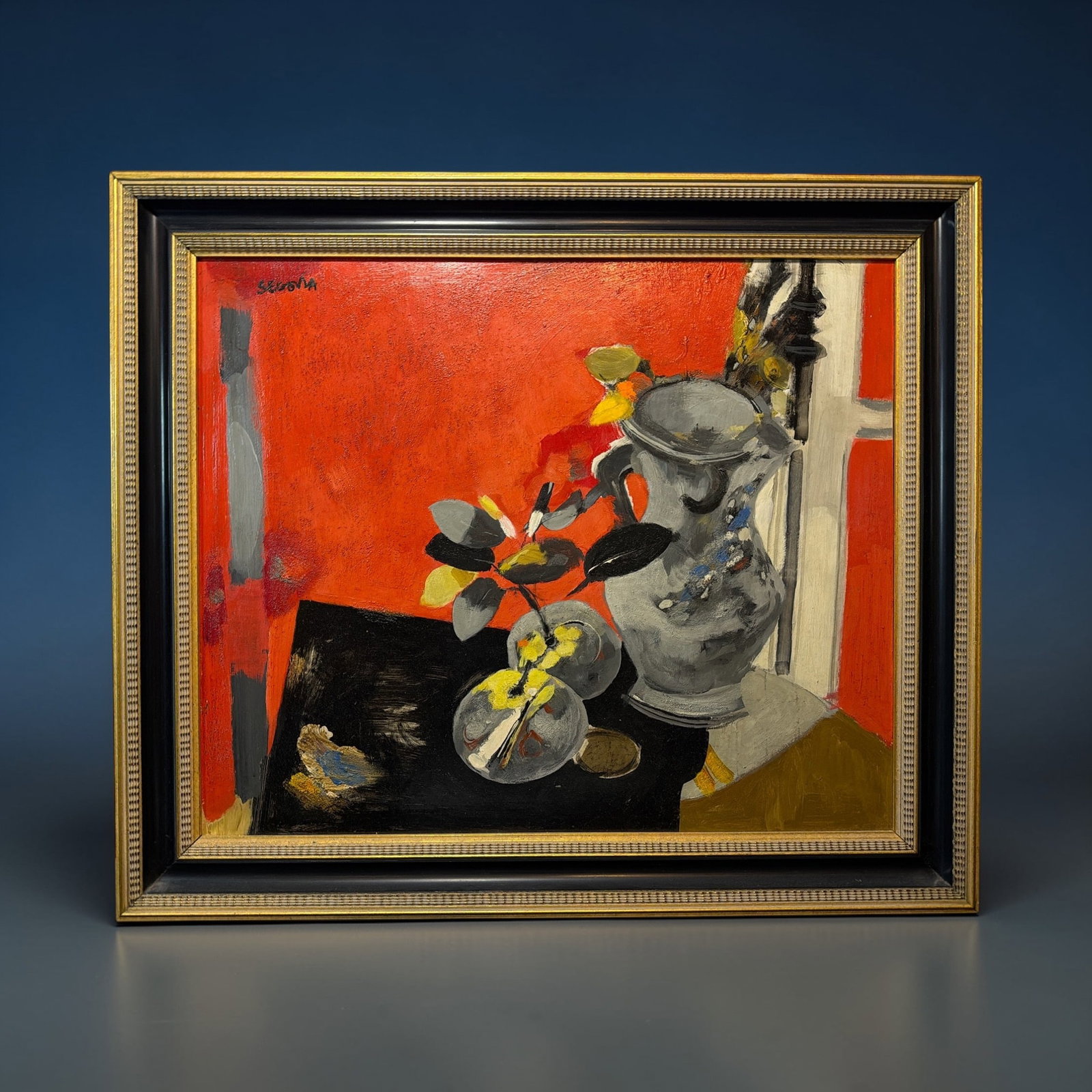 ANDRES SEGOVIA (Argentinian, 1929-1996) Still Life with Pitcher Oil Painting: Oil on Canvas. Measures 26" H x 30.25" W in the frame. Site measures 20.75" H x 25" W.