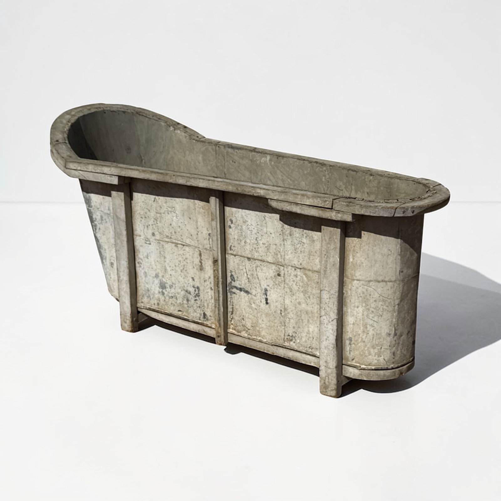 19th C French Wooden Zinc Lined Bath: Measures 27.5" H x 21.75" H on the low end x 57.5" L x 24" W.