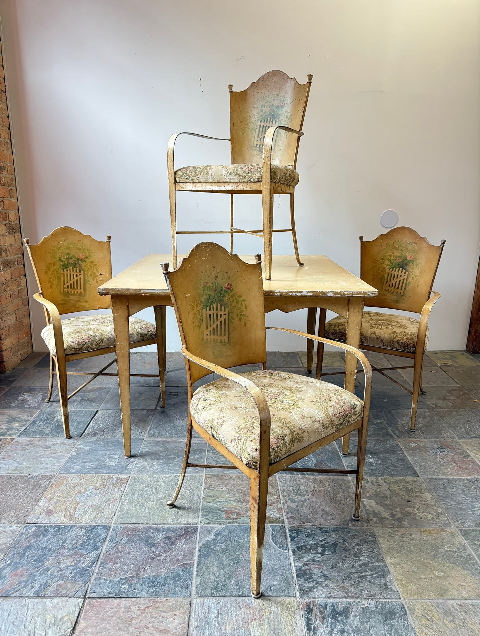Antique French Country Louis XV Hand Painted Garden Set: Iron base to table & chairs. Table has a composite, resin-like top. Upholstered seats. Table: 31" H x 41" W x 41" D. Chairs: 38.5" H to back x 19" H to seat x 21" W x 21" D.