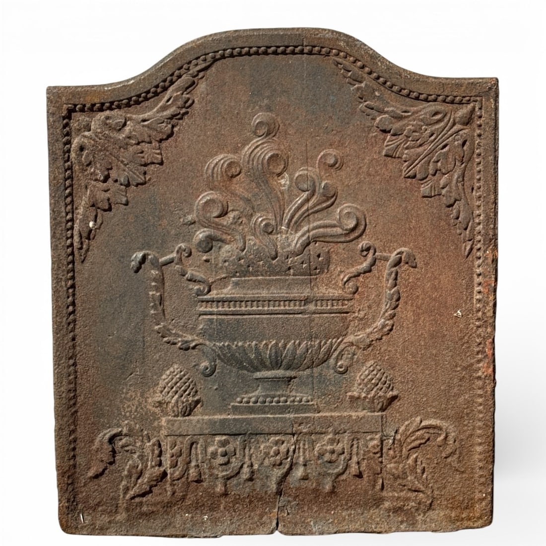 Antique French Cast Iron Bouquet in Urn Fireback Backsplash: Measures 28.5: H x 24.75" W x .75" D.