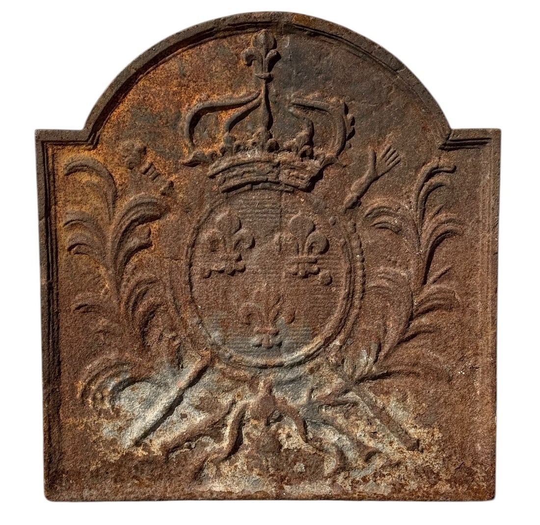 Antique French Cast Iron Fireback Backsplash: Measures 18.5" H x 17.25" W x .5" D.