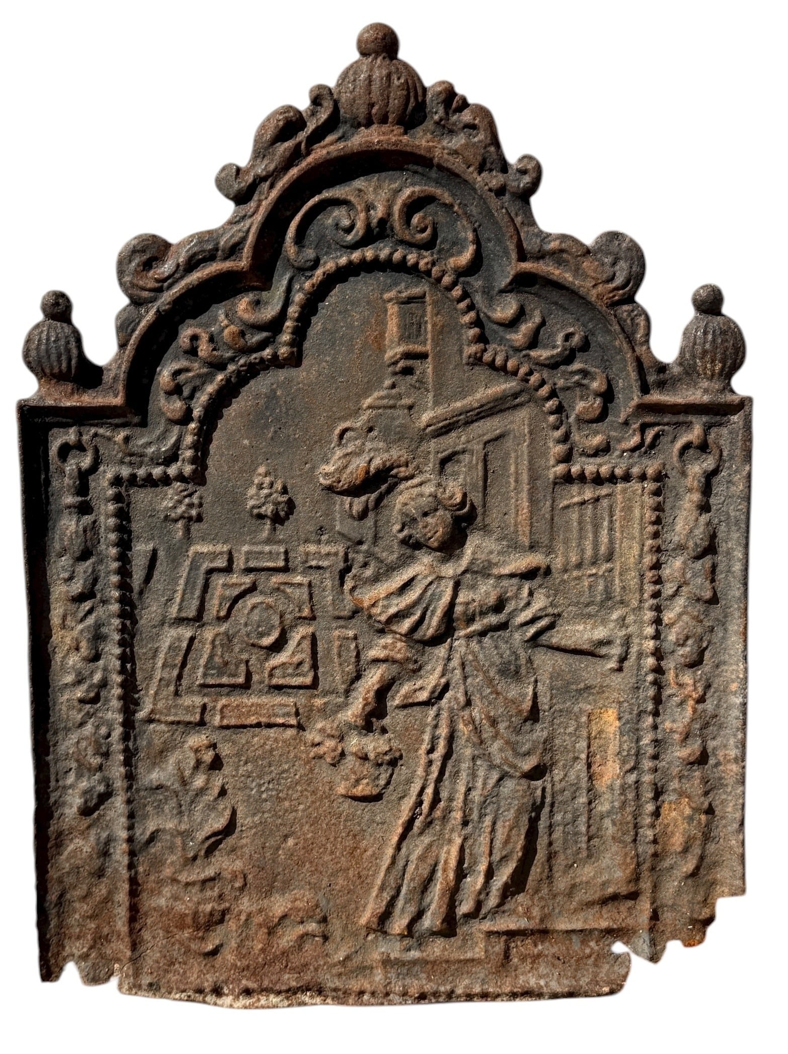 Antique French Cast Iron Allegory of Morning Fireback Backsplash: Measures 24.75" H x 18.25" W x .75" D.
