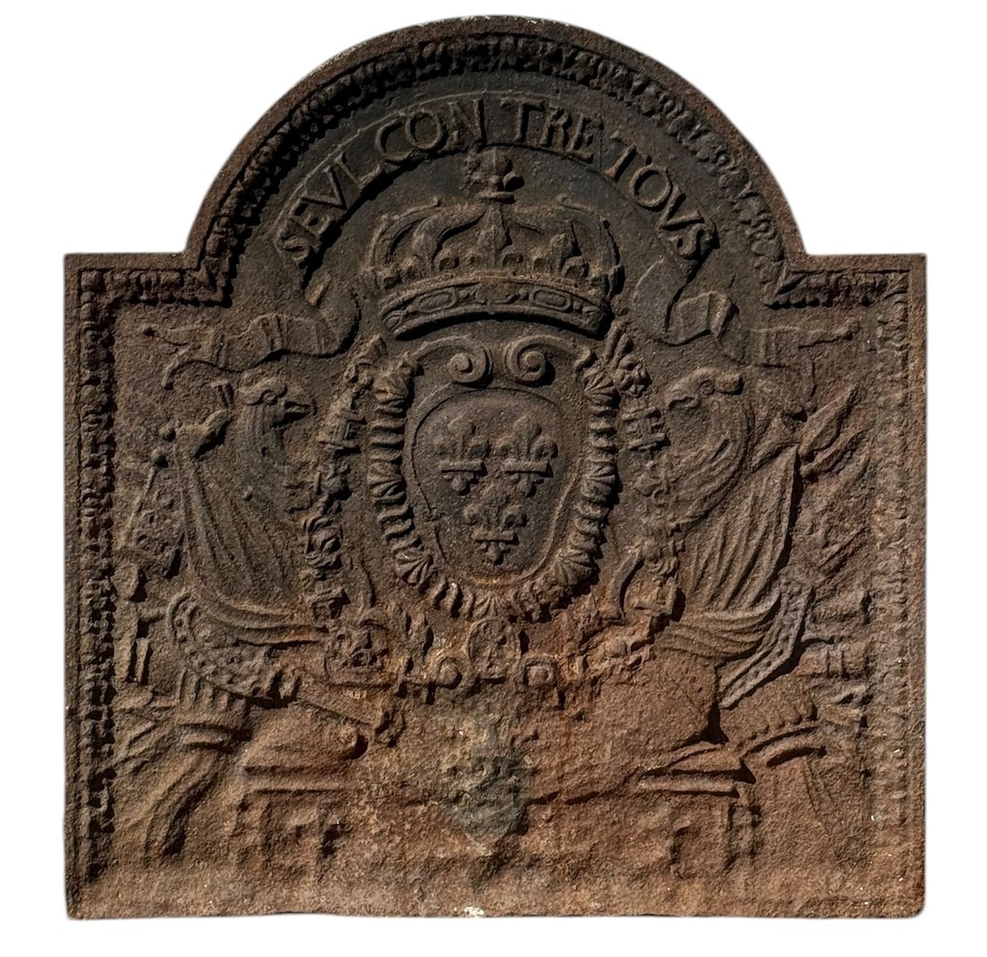 Antique French Cast Iron Coat of Arms, Fleur de Lis Fireback Backsplash: Measures 25" H x 24" W x 1" D.