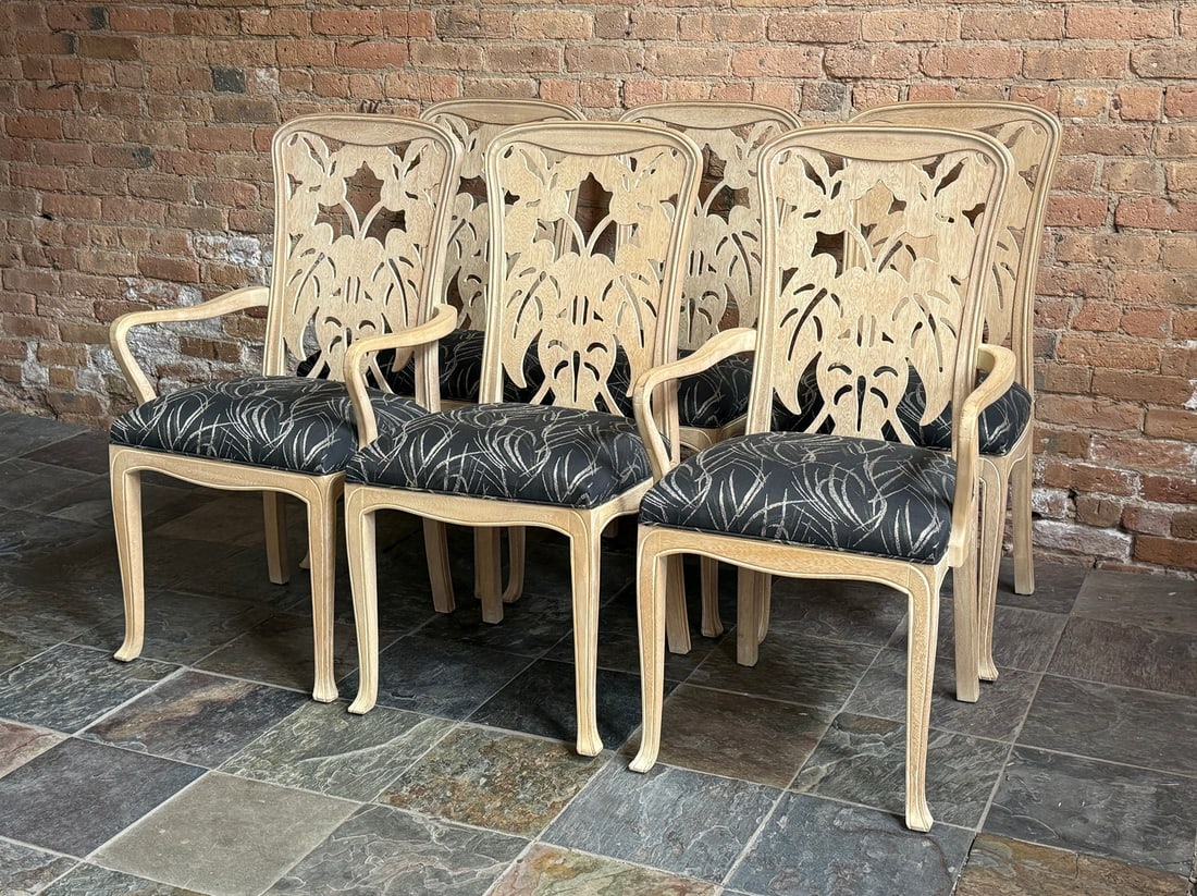 Set of 6 Palm Leaf Motif Dining Chairs, CASA BIQUE: Armchairs measure 40" H x 19" W x 21.5" W x 20" D. Armless chairs measure 40" H x 19" W x 19" W x 20" D. Label attached to underside.