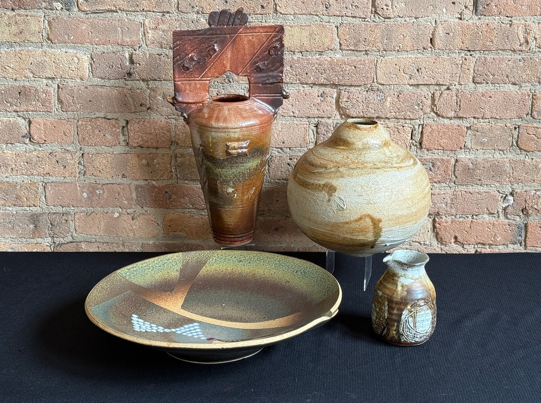 Collection Mid Century Studio Pottery Vases and Bowl: Largest handle vase measures 20" H x 10.5" W x 8" overall diameter, bowl measures 4" H x 18.5" diameter.