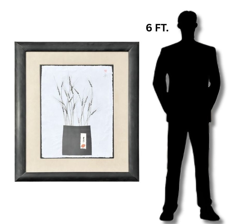 Japanese Sumi-E Seagrass Ink Drawing: 46.75" H x 38.75" W x 1.5" D in the frame.