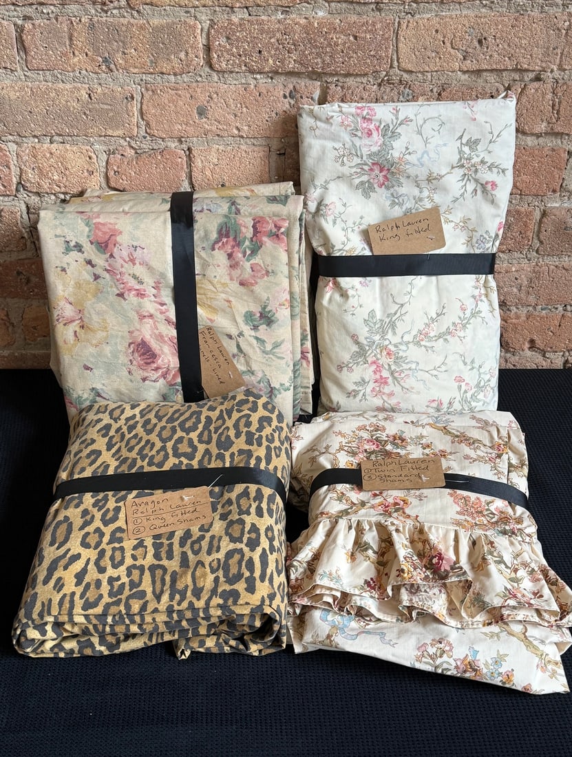 Collection Vintage RALPH LAUREN Fitted Sheets and Curtain Panels: Includes 4 Francesca pattern curtain panels 40" x 86", Aragon Leopard Print fitted King sheet and Queen sham, 1 fitted Twin and three standard shams in floral pattern, and one floral fitted king