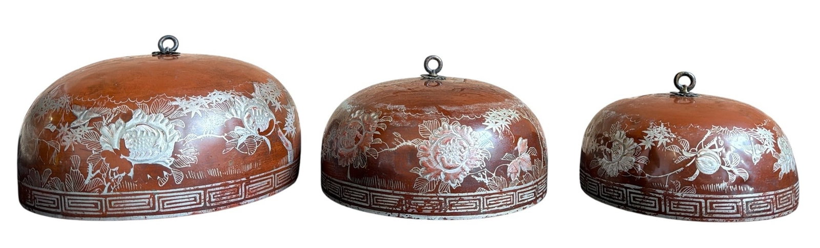 Three Graduating Asian Bronze Bird Motif Gong Bells: Largest measures 4" H x 8.25" diameter.