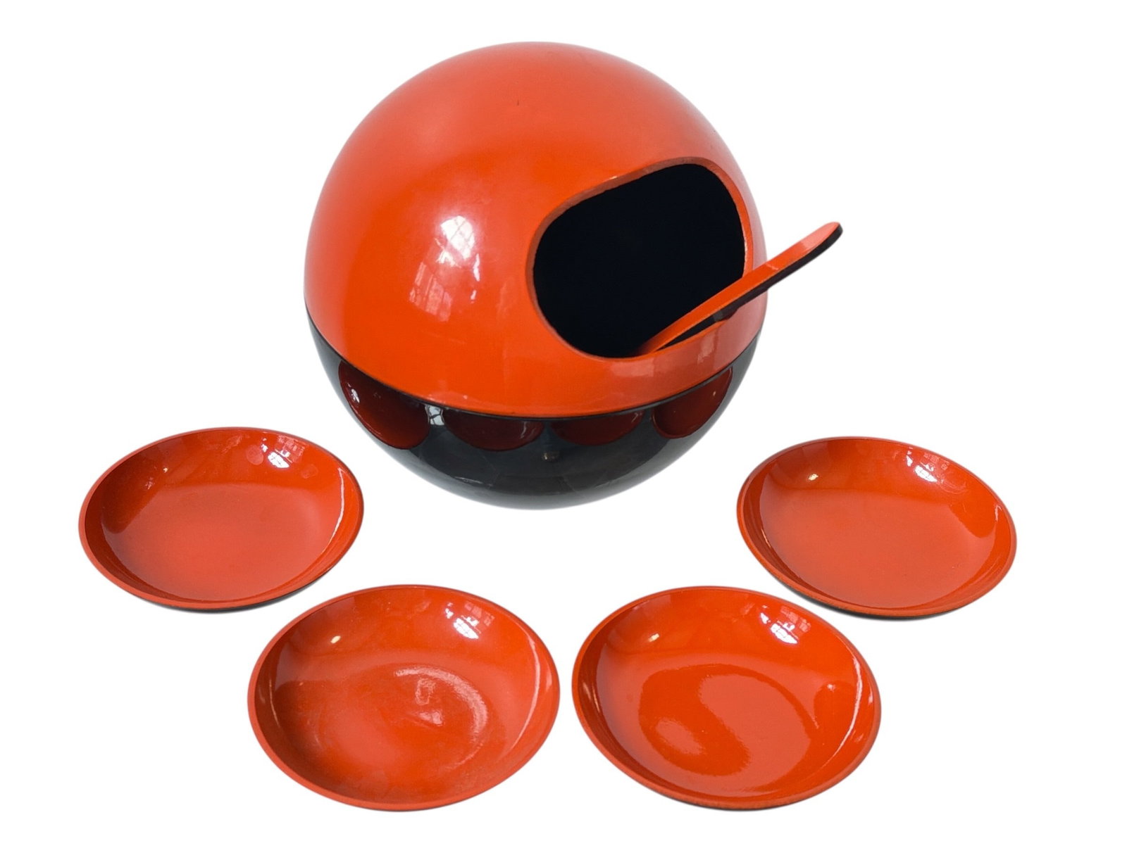 Vintage Space Age Danish Snack Set, LAURIDS LONBORG: Bowl measures 5" H x 6" diameter. Small snack plates measure 3.25" diameter.