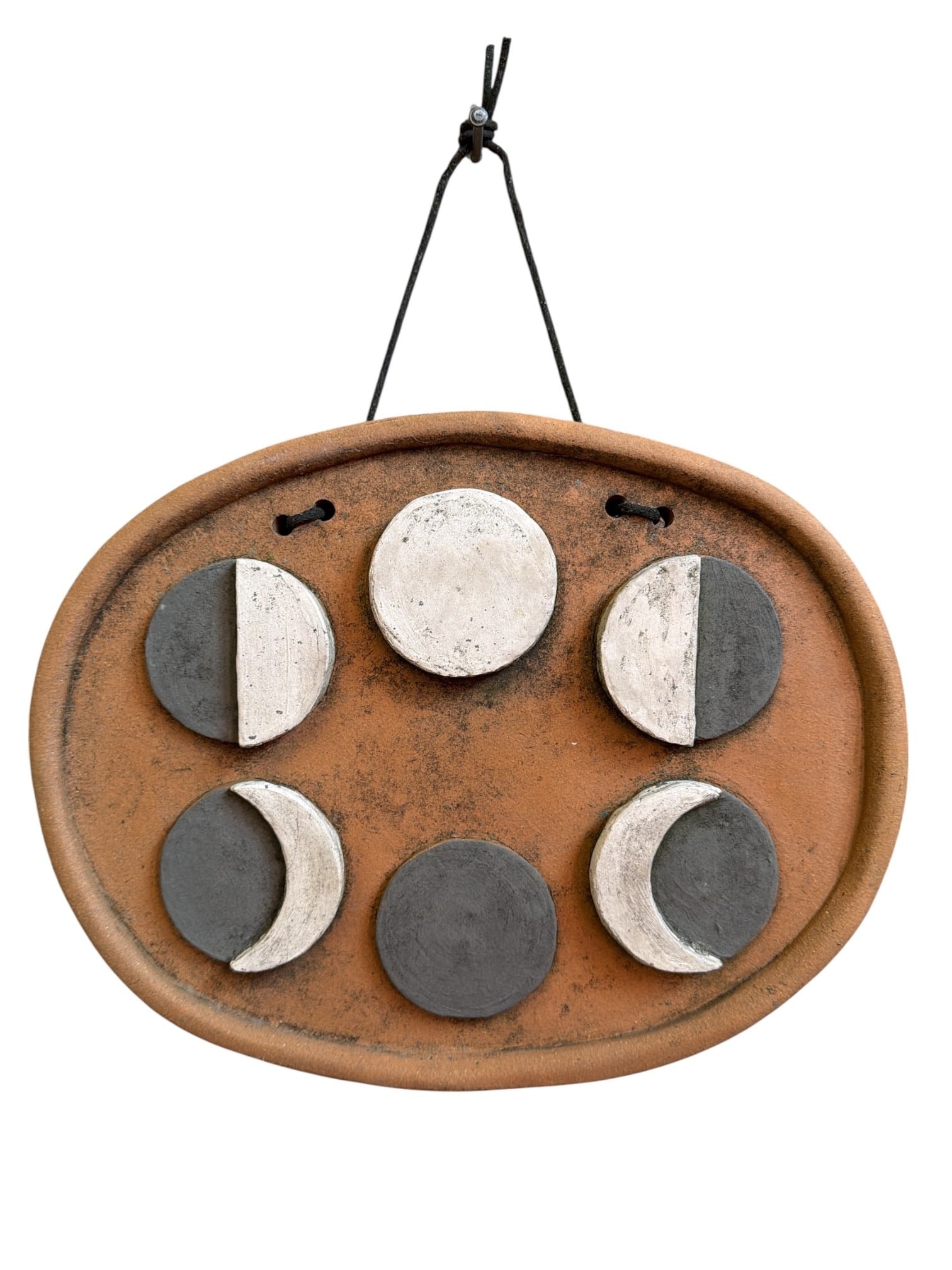Modernist Phases of the Moon Ceramic Wall Plaque: Measures 10.5" H x 13" W x 1" D. Dated 2007.