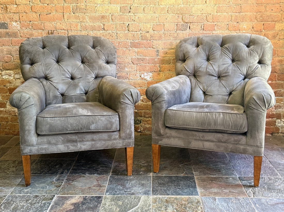 Set of French Style Grey Tufted Lounge Chairs: Measures 40" H to back x 19" H to seat x 34" W x 36" D, each.