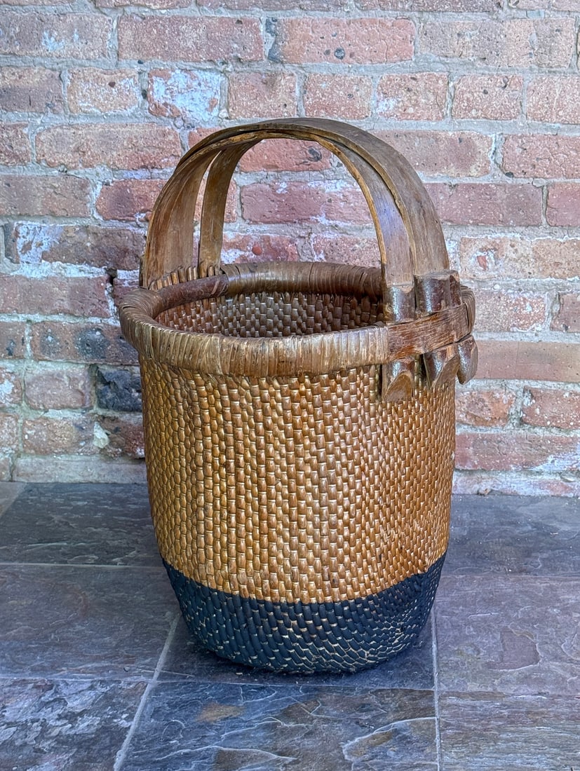 19th C. Chinese Rice Basket: Measures 24" H including handle, 16" W handle to handle x 15.25" overall diameter.