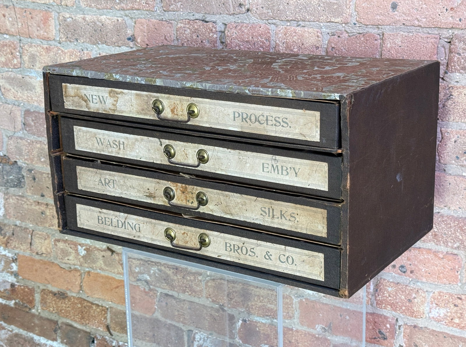 Vintage Cardboard Apothecary/Spool Cabinet: 10.5" H x 20" W x 12.25" D. Velvet Applique applied to top.