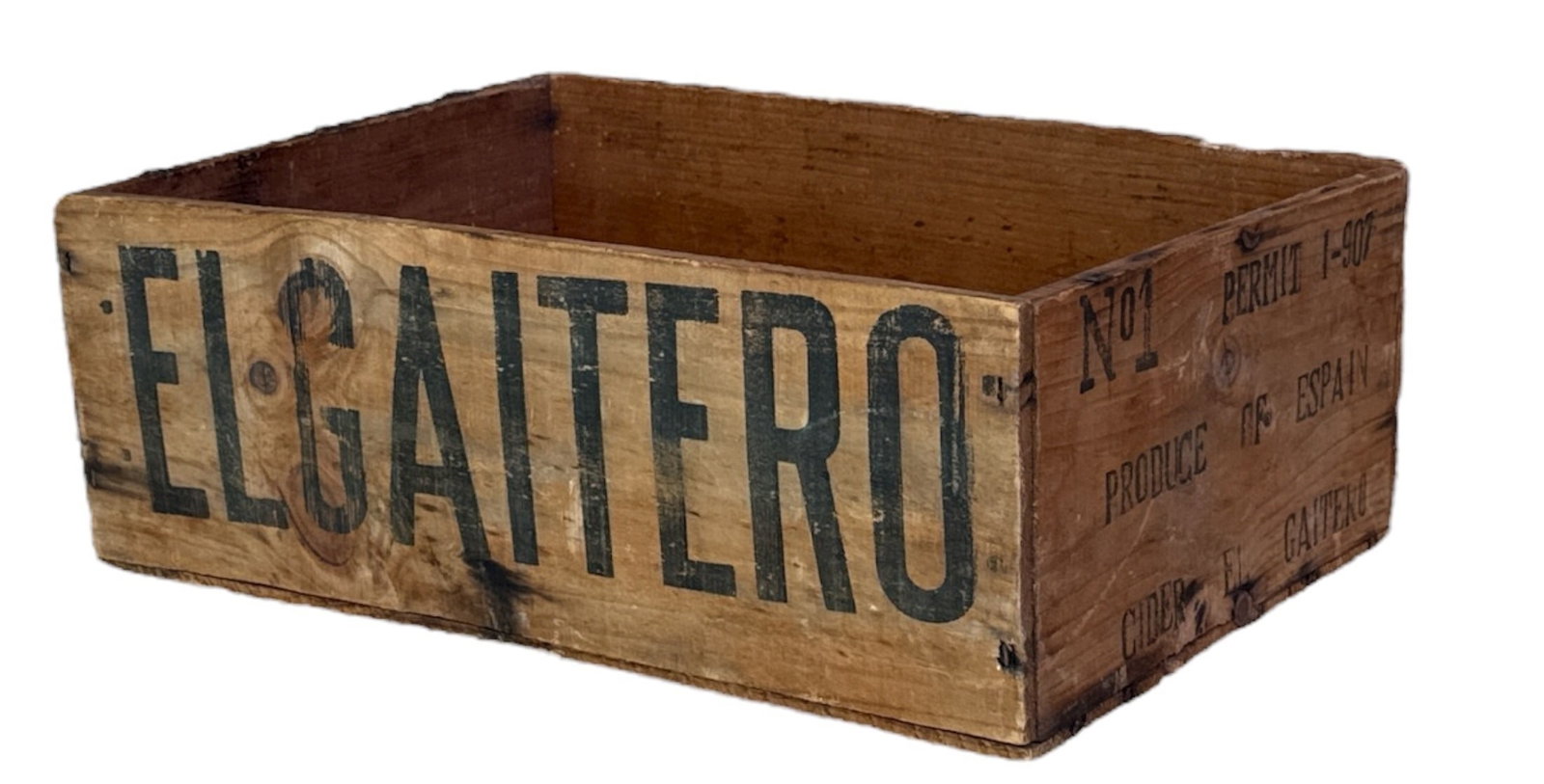 Vintage "El Gaitero" Wooden Wine Crate: Measures 7" H x 19" W x 13.5" D.