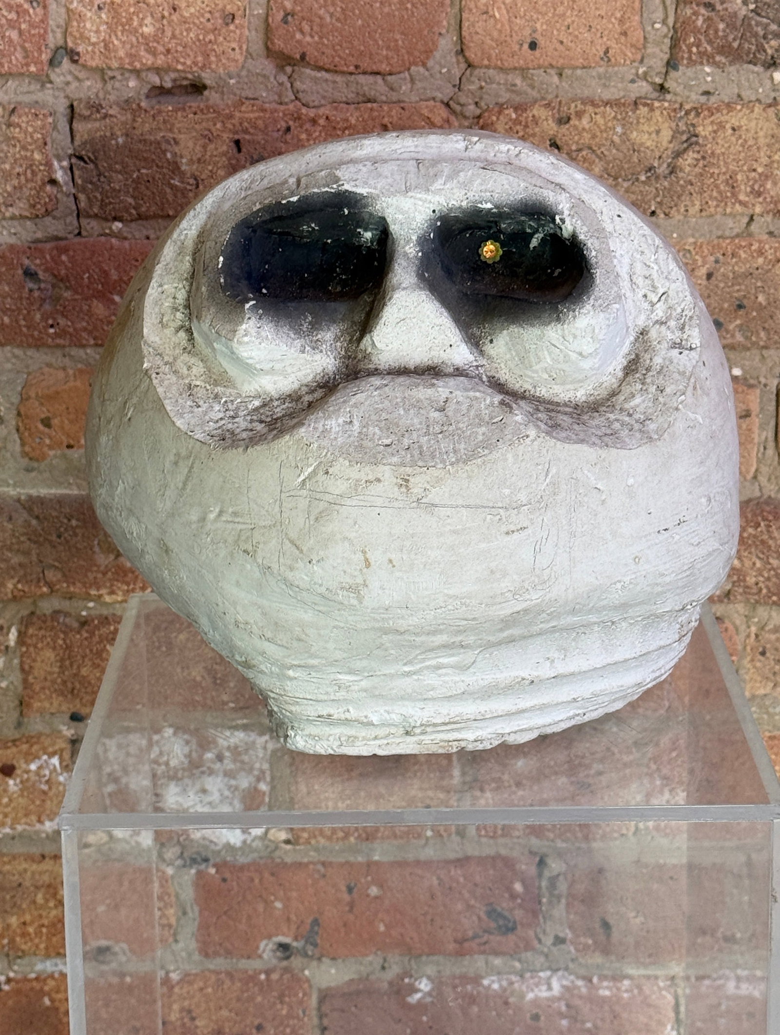 Folk Art Cement Skull Sculpture: Measures 10" H x 11" Diameter.