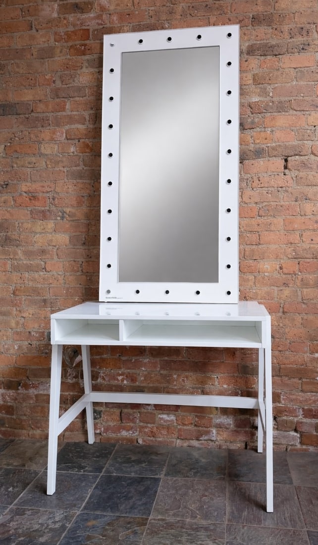 Ultra Modern Vanity Desk: Table measures 30.25" H x 38" W x 21" D. Mirror measures 59.25" H x 28.25" W x 1.5" D.