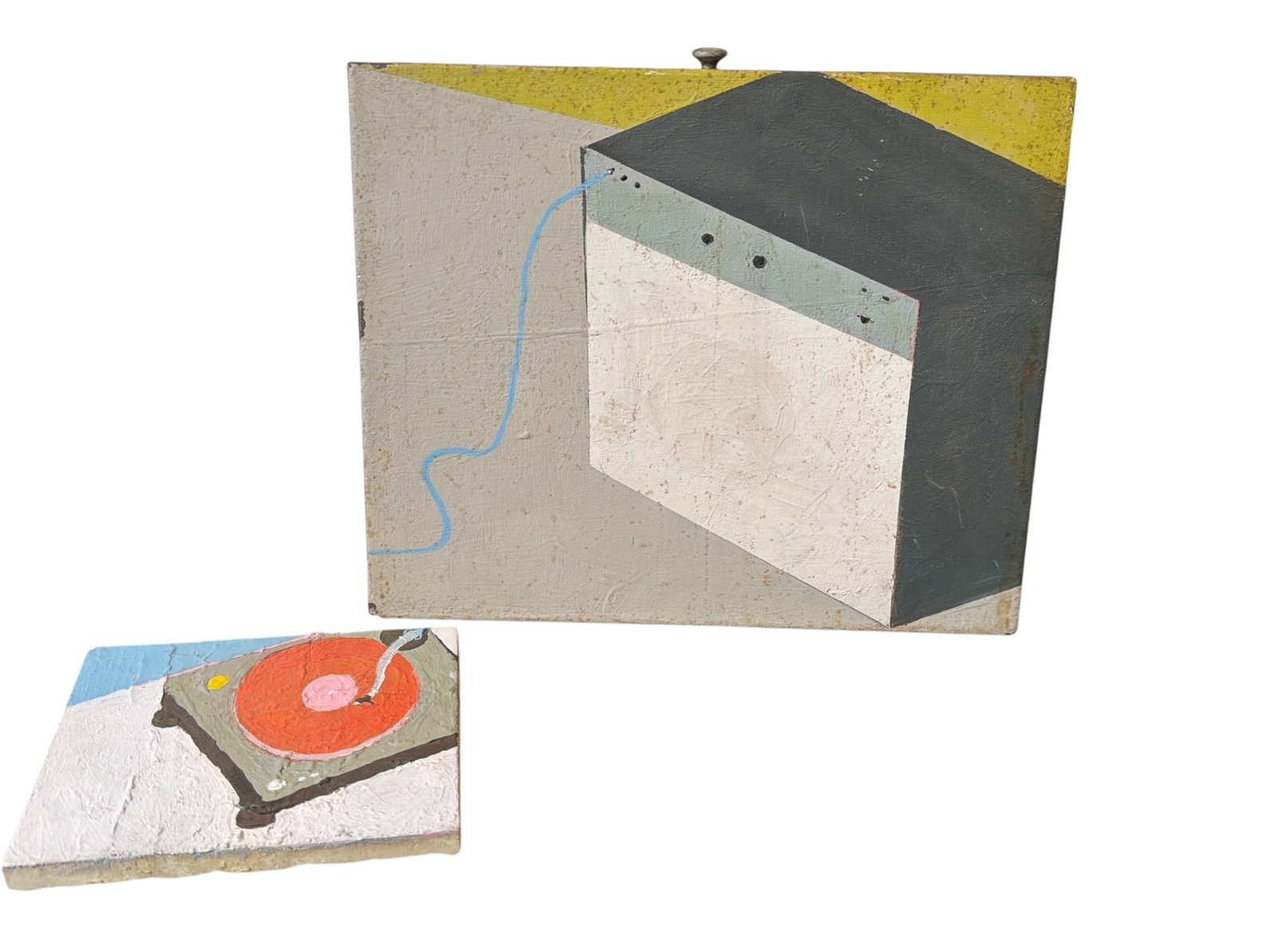 Two Folk Art Found Object Paintings: Large painting measures 7.75" H x 9.5" W x 1" D. Smaller painting measures 4" H x 5" W. Amp is painted on metal drawer.