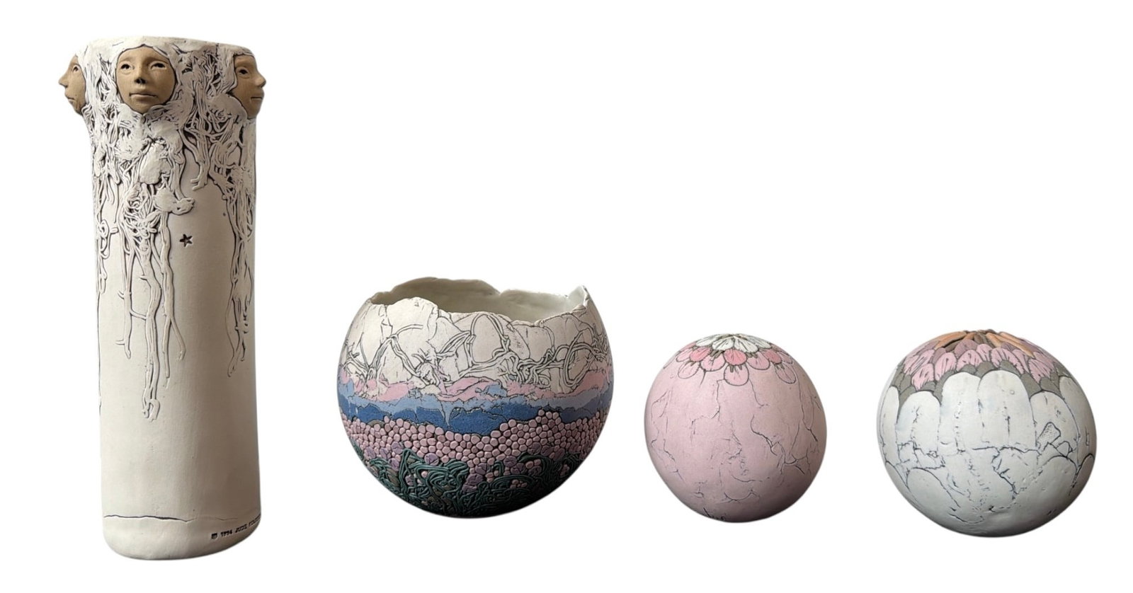 Collection of JUDE HOLDSWORTH and ROMILLA BATRA Ceramic Vases: Jude Holdsworth vase is dated 1994 and measures 9.25" H x 3.5" Diameter. Largest Batra piece is 4" H x 5.5" Diameter.
