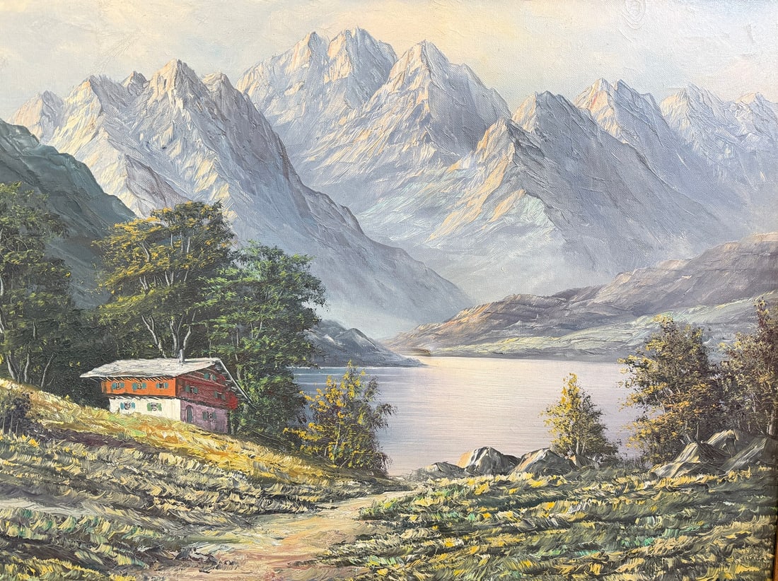 Signed Mountain Landscape Oil Painting P. OLSHOF: Measures 23.5" H x 31.5" W Sight 22" H x 30" W, P OLSHOF is an American Listed artist. Born in Holland the works have a quintessential European flair.