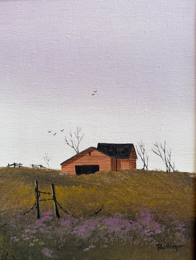 Signed BELLINGER Landscape Oil Painting, Mid Century: Measures 17.5" H x 15" W, Sight 9.5"H x 7.5" W.