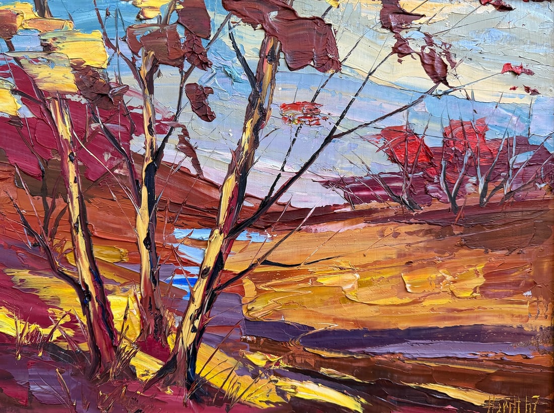 Mid Century Impasto Landscape Signed Hardt '67: Measures 20" H x 24" W, Sight 11.5" H x 15.5" W.