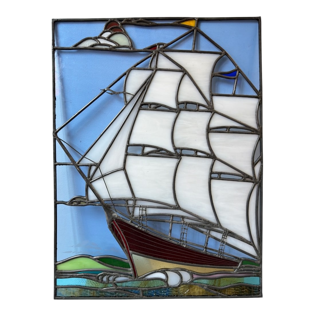 Mid Century Tall Ship Stained Glass Window: Measures 24"H x 18"W Has additional elements like a seagull to give a 3 -D effect.
