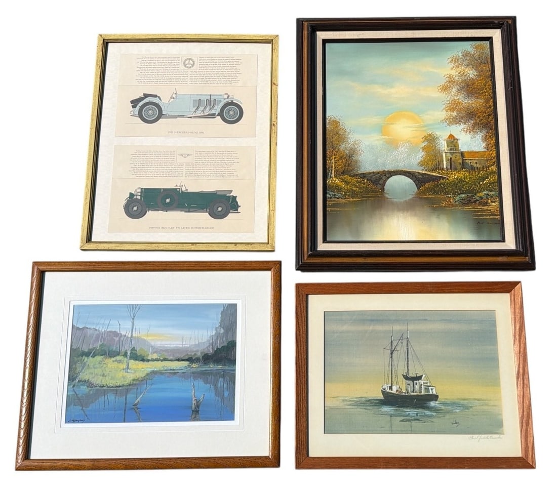 Collection 4 Mid Century Artwork: largest 26" H x 22" W in frame.
