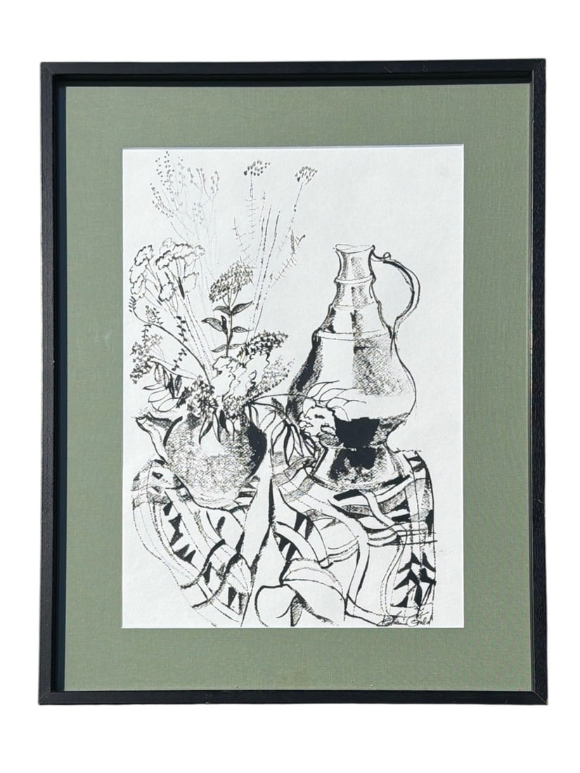 Signed Still Life with Flowers Ink Drawing: Measures 28.5" H x 21.75" W x 1.25" D.