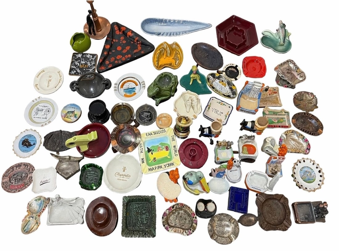Large Collection Vintage Ashtrays: Includes Souvenir, figural, novelty and more. Largest measures 12" Hx 5" diameter. Includes various shapes and sizes.