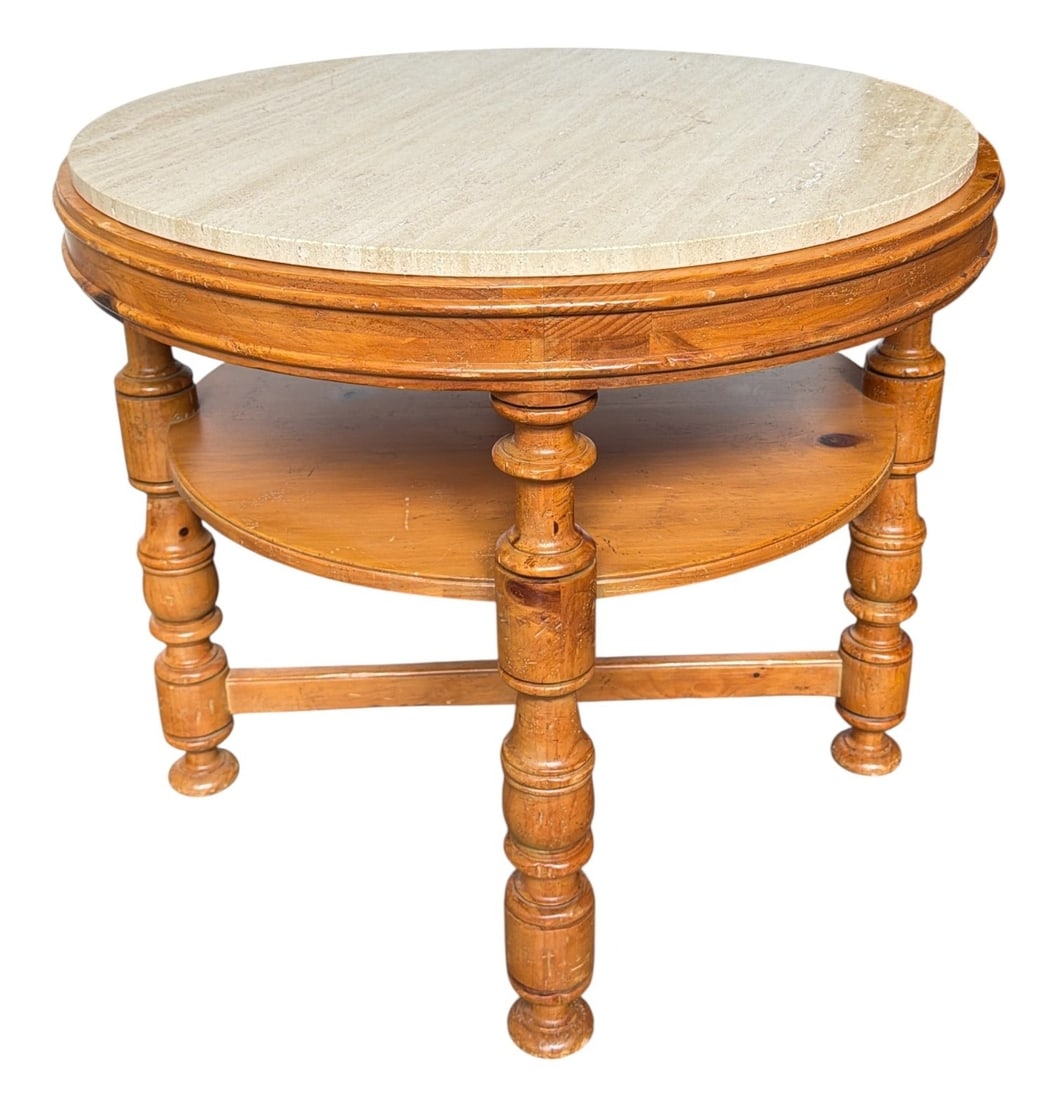 MILLING ROAD for BAKER Pine and Travertine Side Table: 28" H x 32" overall diameter. Retains label to underside.