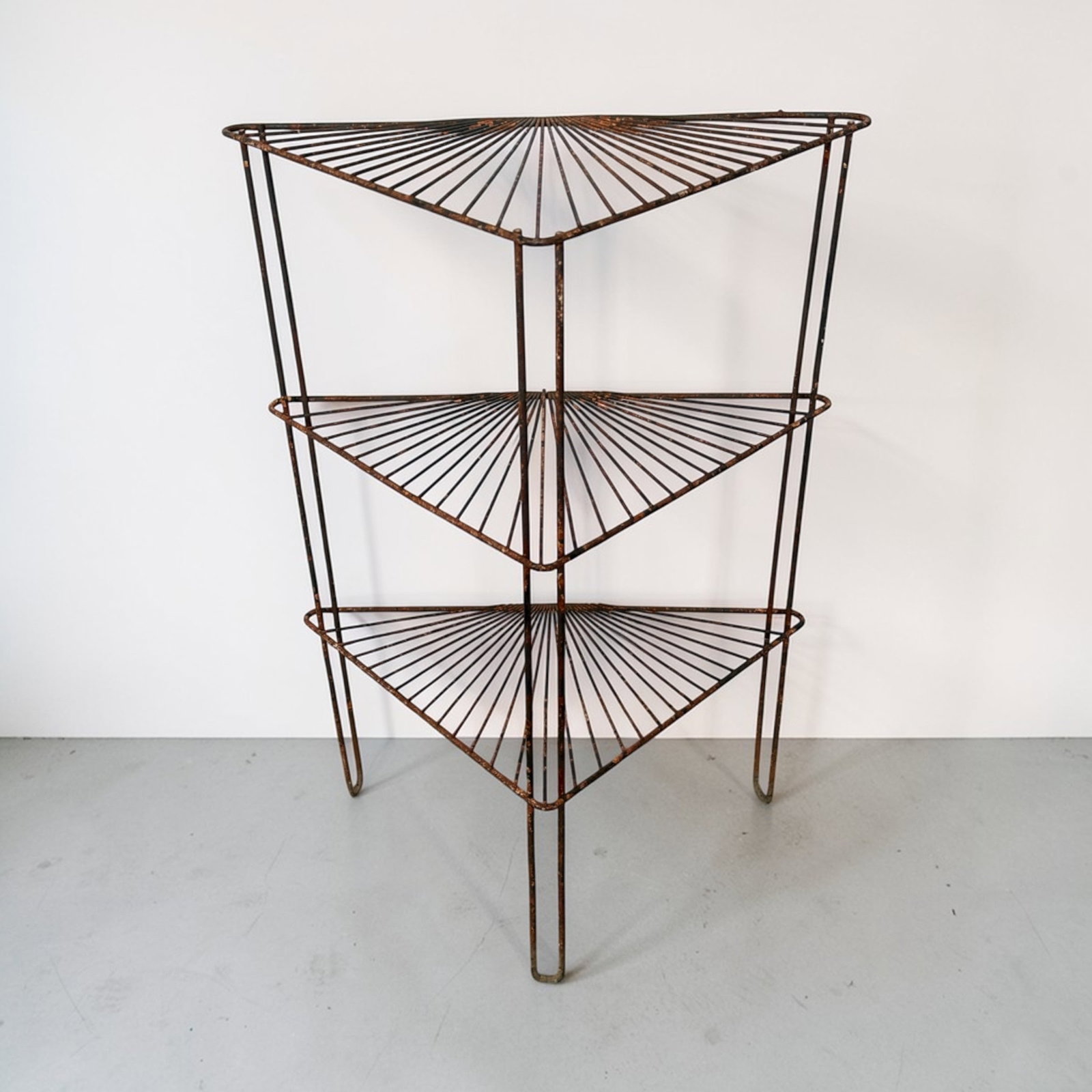 Art Deco Sunburst Garden Shelf: 36" H x 25" W x 13.5" D. Metal.