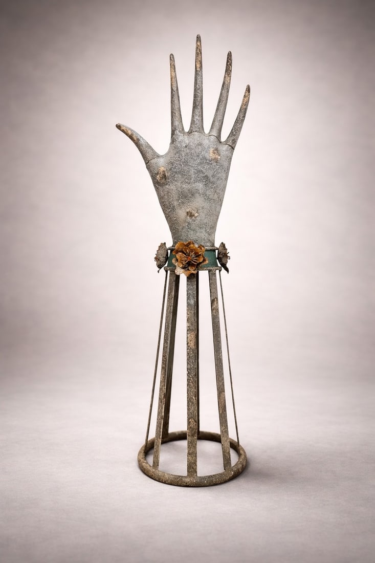 Large Folk Art Metal Hand Sculpture: 21.5" H x 5.25" diameter at base.