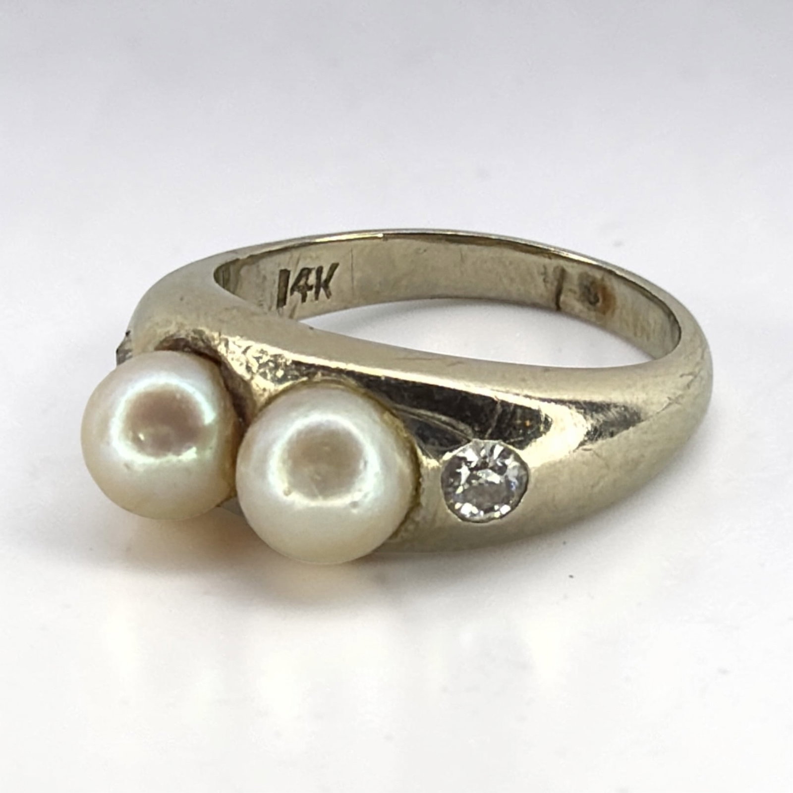 An Art Deco 14k Gold Pearl & Diamond Ring: Size 4, weighs 2.51dwt including stones.