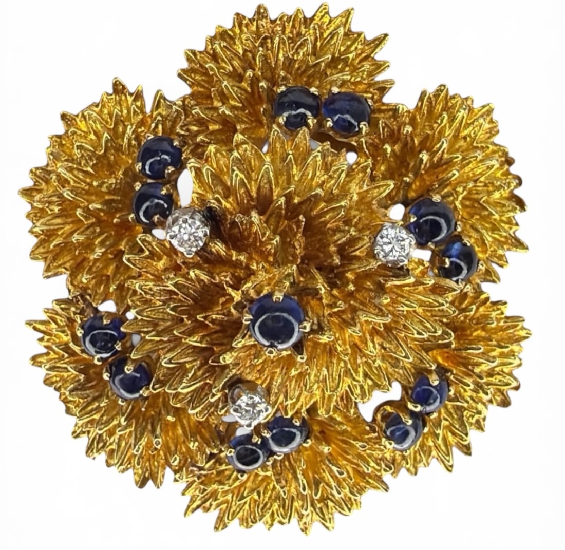 18k Gold Diamond Sapphire Brooch, Vintage: 2" diameter, weighs 21.60dwt including stones, sapphires measure approx. 4mm, diamonds measure approx. 2mm. An exceptional piece.